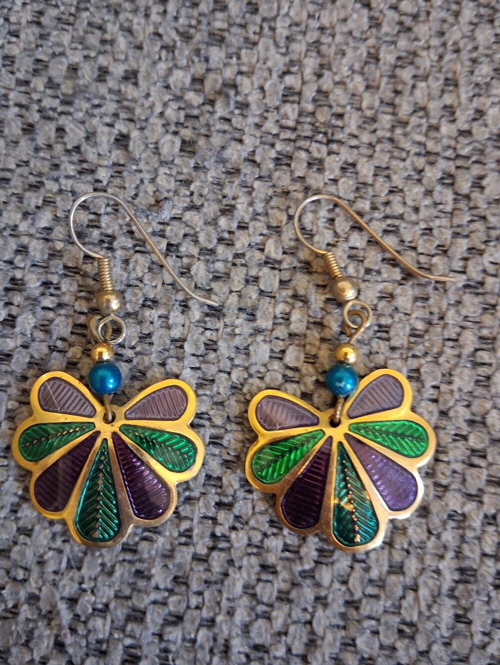 Vintage Gold-Tone Floral Drop Earrings with Green and Purple Enamel